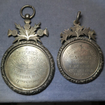 Scotland 2 silver engraved prize medals for Sword Dance 1894 and Clog Dance 1895