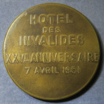 France bronze neo-classical medal Hotel des Invalides XXV anniversaire 1951 Canivari