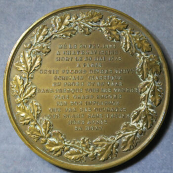 France bronze commemorative medal of writer philosopher Voltaire by JF Domard (1792-1858)