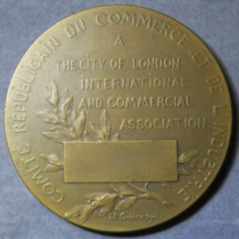 Entente Cordiale - France to City of London International and Commercial Assoc 1903 bronze commemorative medal