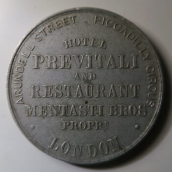 GB Advertising medal Hotel Previtali and Restaurant Mentasti Bros. London aluminium c. 1900