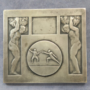 France Fencing - 1925-40 period Deco style plaque for use as a prize, maker Fraisse. silvered bronze 60x54mm