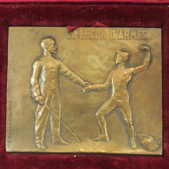 France: La Lecon D’Armes by Ernesta Robert Merignac. (1907) bronze plaque medal awarded 1922 to R. Frater at the Dieppe Sabre Competition