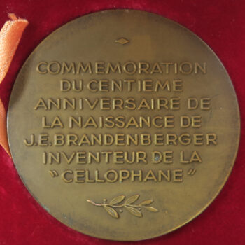 Jacques Edwin Brandenberger (1872 – 1954) was a Swiss chemist and textile engineer who invented cellophane in 1908. bronze medal by Louis Muller