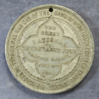 Crystal Palace - National Temperance Fete pewter medal 1883