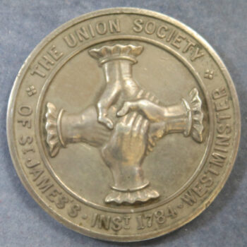 Union Society of St. James's Westminster Inst. 1784 clasped hands silver medal named to D Weeks April 5th 1895