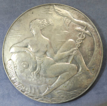 MB110036 France, Ville du Havre Art Deco silvered bronze medal female nude on triton fish by Poisson c.1925