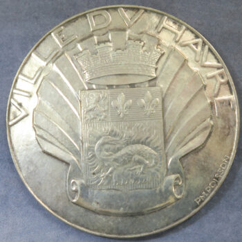MB110036 France, Ville du Havre Art Deco silvered bronze medal female nude on triton fish by Poisson c.1925