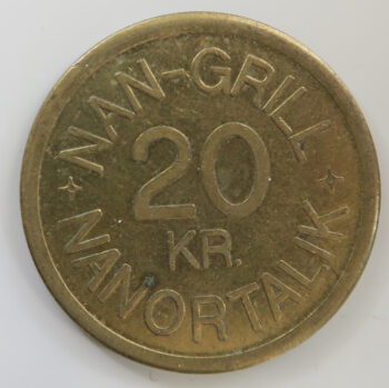 Denmark, Greenland token: NAN-GRILL, NANORTALIK 20 KR. mid 20th century brass 26.5mm