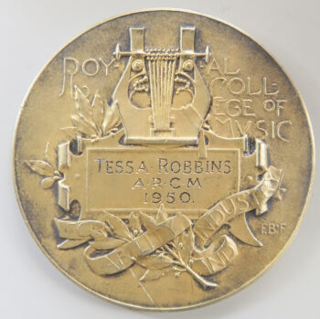 Royal College of Music - Sir S M Tajore 1893 gilt silver prize medal by Fred Bowcher awarded 1950 to Tessa Robbins A.R.C.M.Royal College of Music - Sir S M Tajore 1893 gilt silver prize medal by Fred Bowcher awarded 1950 to Tessa Robbins A.R.C.M.