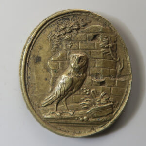 "IMPAVIDUM FERIENT RUINAE" medal owl in ruins oval brass medal ? scholastic ? German?