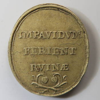 "IMPAVIDUM FERIENT RUINAE" medal owl in ruins oval brass medal ? scholastic ? German?"IMPAVIDUM FERIENT RUINAE" medal owl in ruins oval brass medal ? scholastic ? German?