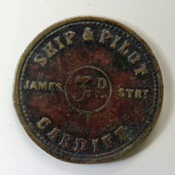 Wales Pub check / token Glamorganshire, CARDIFF, SHIP & PILOT JAMES STRT. 3D rev. Bowling Alley A, Southwood Brass 23.9mm. milled edge VF Cox 360