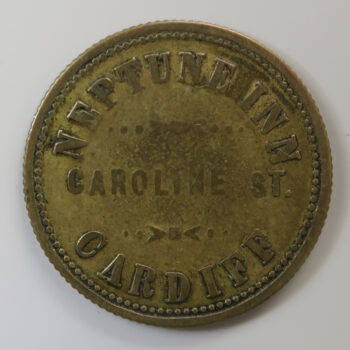 Wales Pub check / token Glamorganshire, CARDIFF, NEPTUNE INN, CAROLINE ST. rev. 3D W. Hannam Bowling Alley Brass 23.4mm. milled edge VF Cox 338
