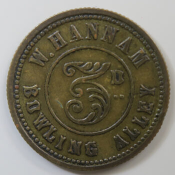 Wales Pub check / token Glamorganshire, CARDIFF, NEPTUNE INN, CAROLINE ST. rev. 3D W. Hannam Bowling Alley Brass 23.4mm. milled edge VF Cox 338