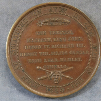 MB110086 GB William Shakespeare copper medal by Barre. 1844 280th anniversary of birth. Tragedies & Histories