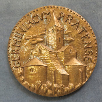 MB110160 France Germiny-des-Pres Romanesque chapel Charlemagne bronze medal by Robert Coutre 1959