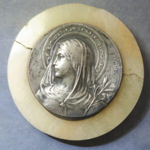 Religion: Our Lady Ave Maria by Louis Octave Mattei c. 1910 medal on alabaster base as paperweight.