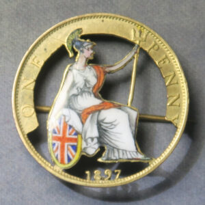 1897 Victoria Old head penny pierced gilt and enamelled coin broach