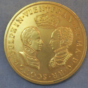 Mary, Queen of Scots (1542–1587) married Francis, Dauphin of France (1544–1560), at Notre-Dame de Paris on 24 April 1558. Restrike medal gilt bronze