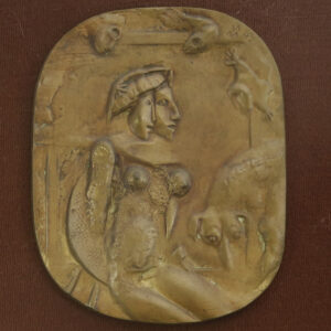 A couple in a window surrounded by small figures and dog right bronze medal
