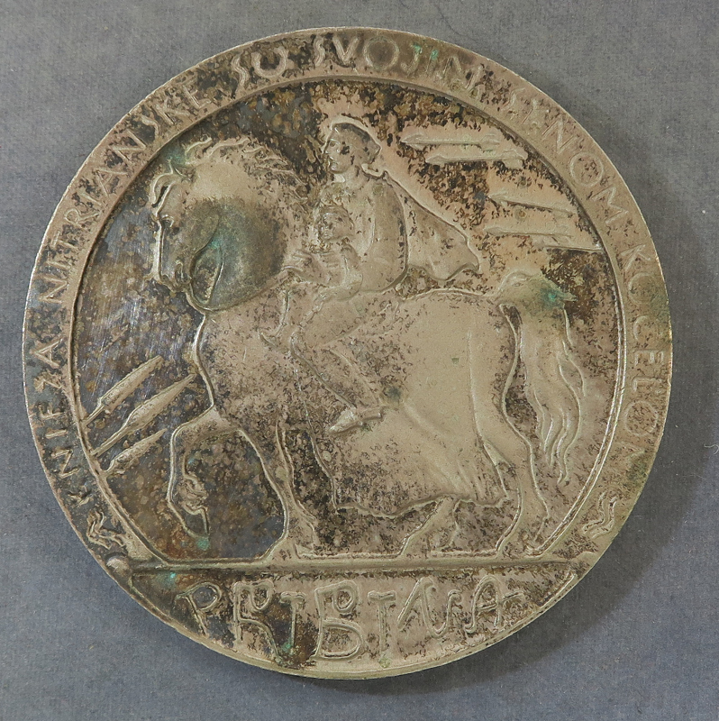 Prince Pribina and son on horseback Nitra silver plated medal