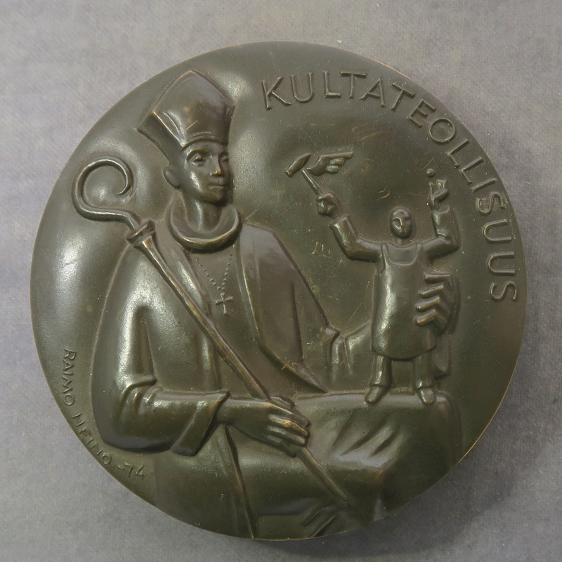 Bishop and figure with minting tools bronze medal