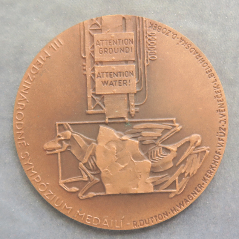 Slovakia Puppet automaton with warnings about our air, earth and water, bronze struck conservation medal by Drahomir Zobek