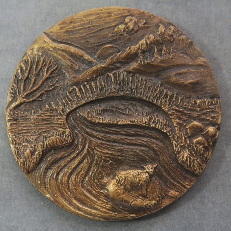 For Your Friendship bronze medal by Ron Dutton 14.11.95 for his 60th birthday RD224 landscape with sheep in stream